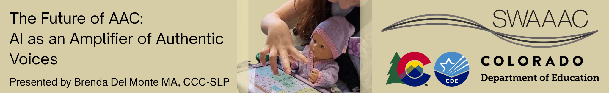Webinar heading reads "The Future of AAC: AI as an Amplifier of Authentic Voices." Presented by Brenda Del Monte. Photo of a boy with a tablet on his lap, sitting in a motorized wheelchair, engaged in a conversation with a woman sitting across from him.